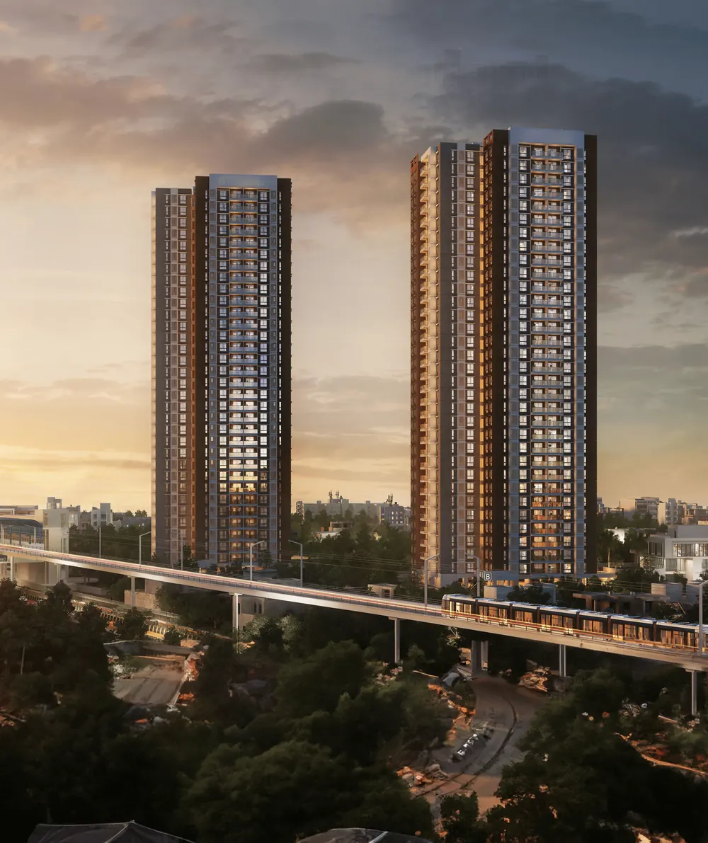 Purva Blubelle on Magadi Road: two towers at sunset beside the metro line