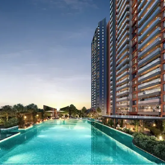 Purva Silversky at Hebbagodi: an infinity pool below the towers at dusk