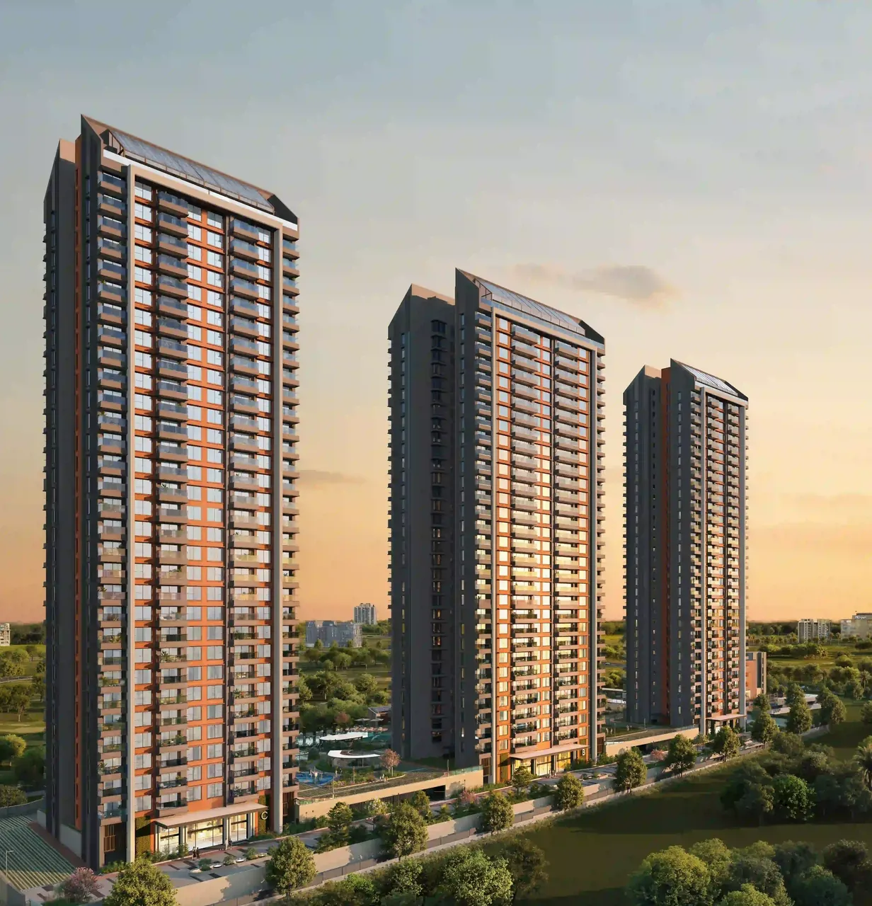 Purva Silversky at Hebbagodi: three towers at sunset above the trees
